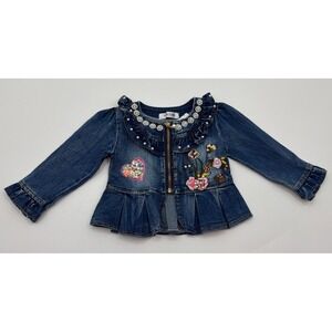 Peacolate Embroidered Pearl Jean Jacket Baby 6-12 Months Heart Confetti Ruffle